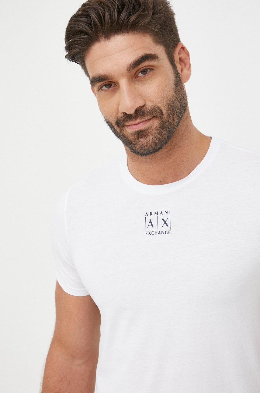 Armani Exchange tricou din bumbac culoarea alb, neted