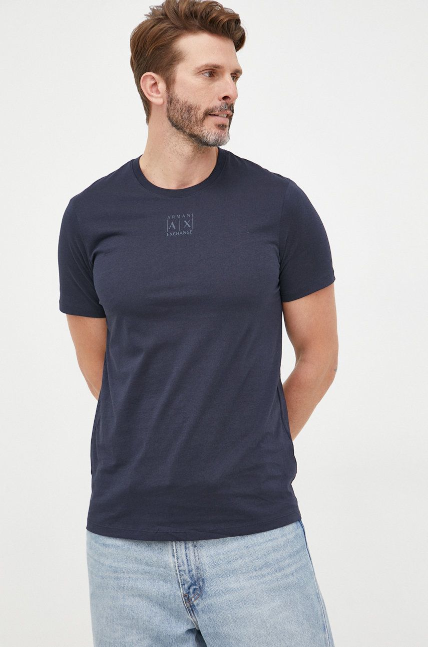 Armani Exchange tricou din bumbac culoarea albastru marin, neted answear.ro