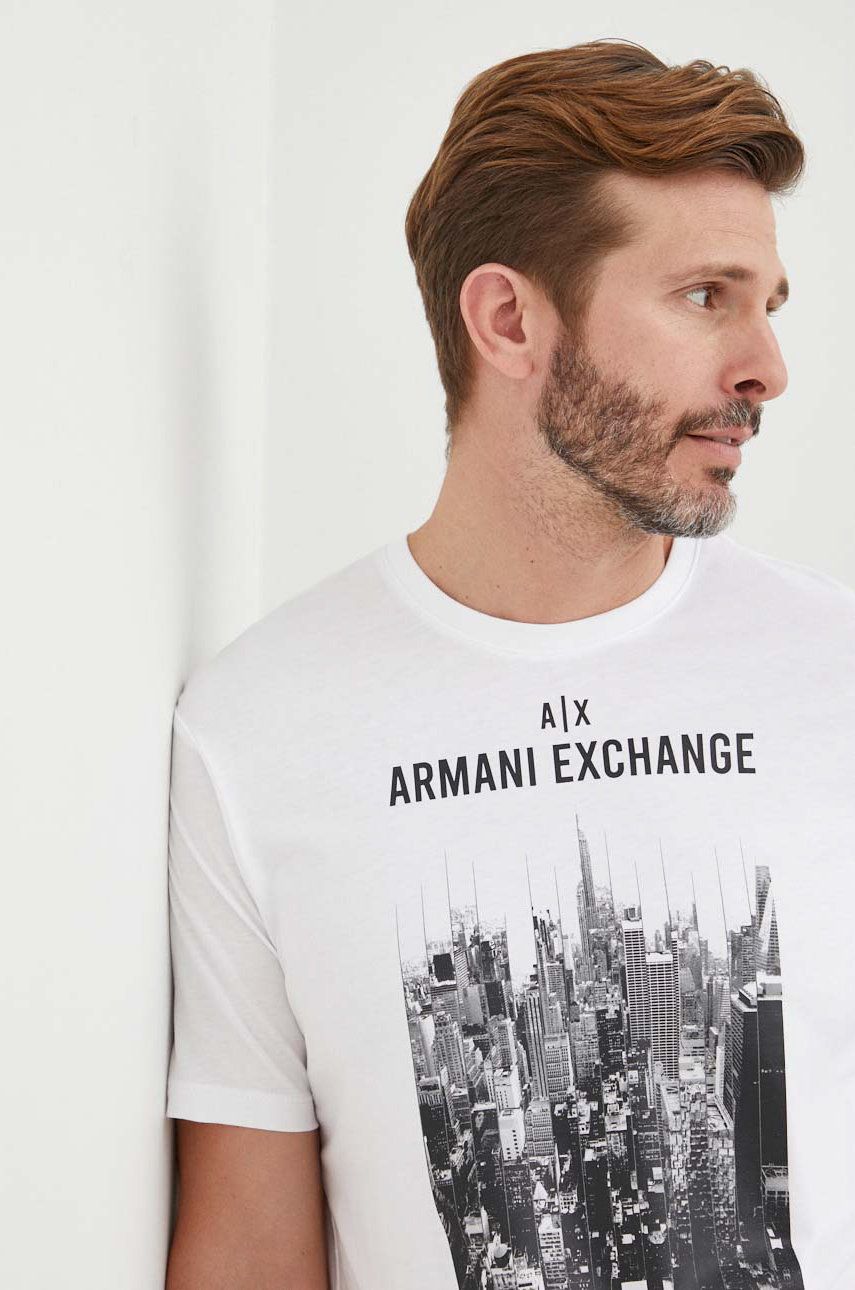 Armani Exchange tricou din bumbac culoarea alb, cu imprimeu answear.ro