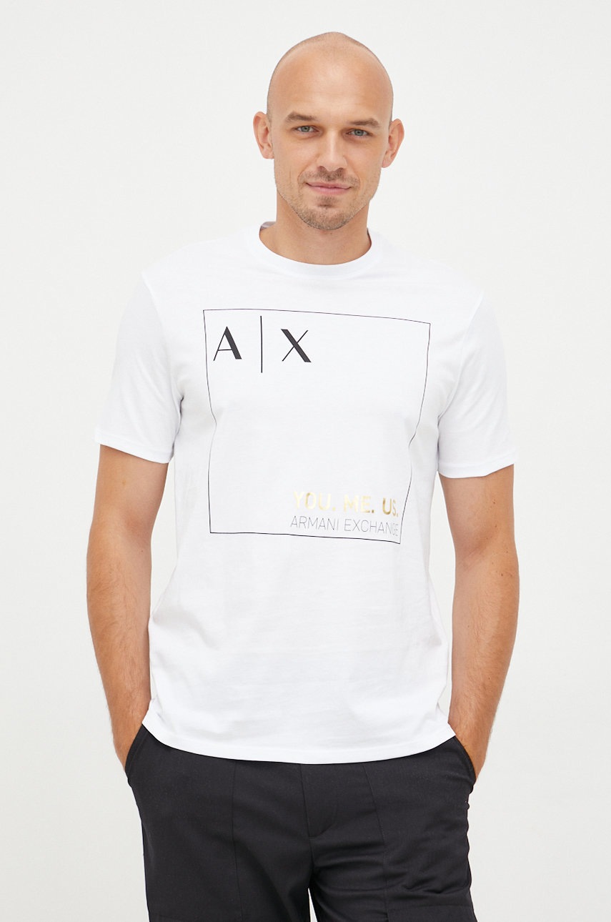 

Памучна тениска Armani Exchange в бяло с принт, Бял
