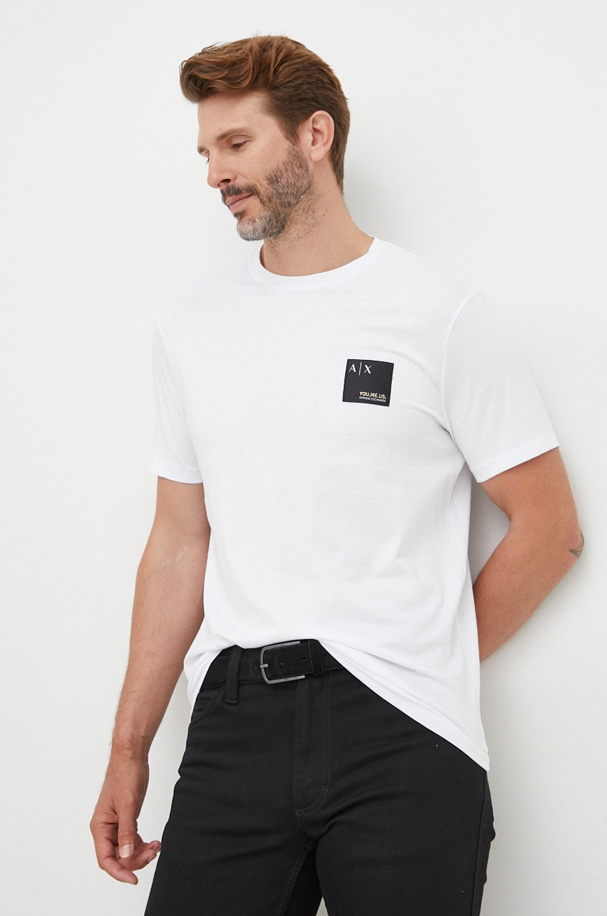

Памучна тениска Armani Exchange в бяло с апликация, Бял