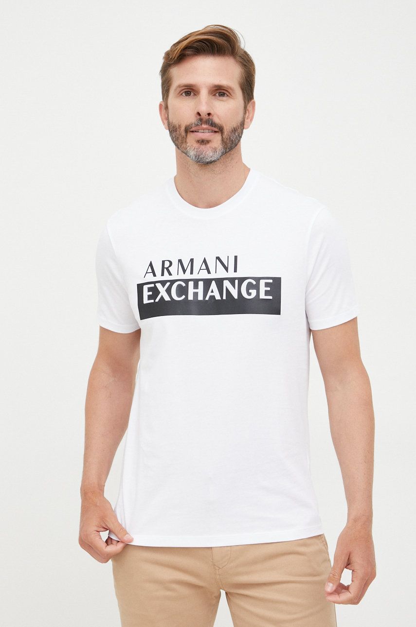 Armani Exchange tricou din bumbac culoarea alb, cu imprimeu answear.ro