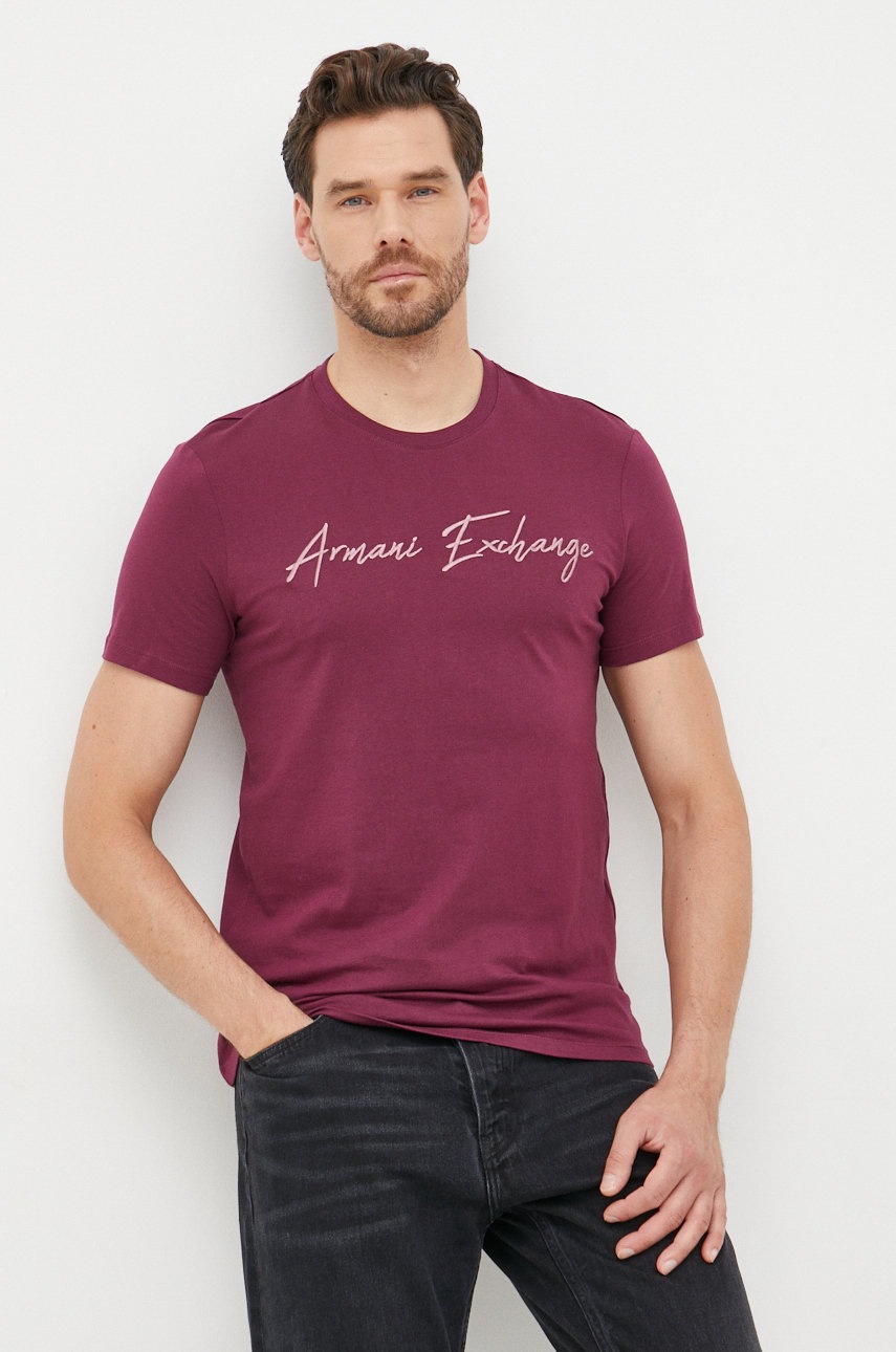 

Памучна тениска Armani Exchange в лилаво с апликация, Виолетов