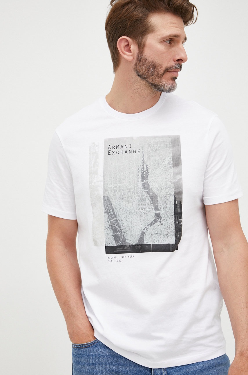 

Памучна тениска Armani Exchange в бяло с принт, Бял