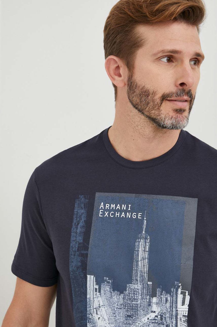 Armani Exchange tricou din bumbac culoarea albastru marin, cu imprimeu answear.ro