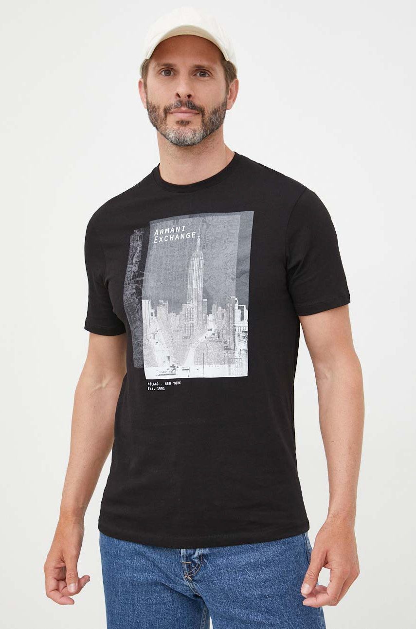 Armani Exchange tricou din bumbac culoarea negru, cu imprimeu answear.ro