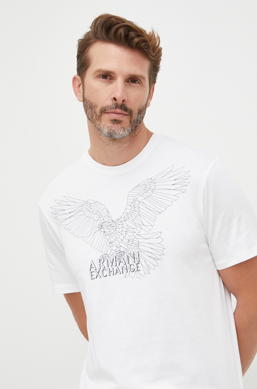 

Памучна тениска Armani Exchange в бяло с принт, Бял