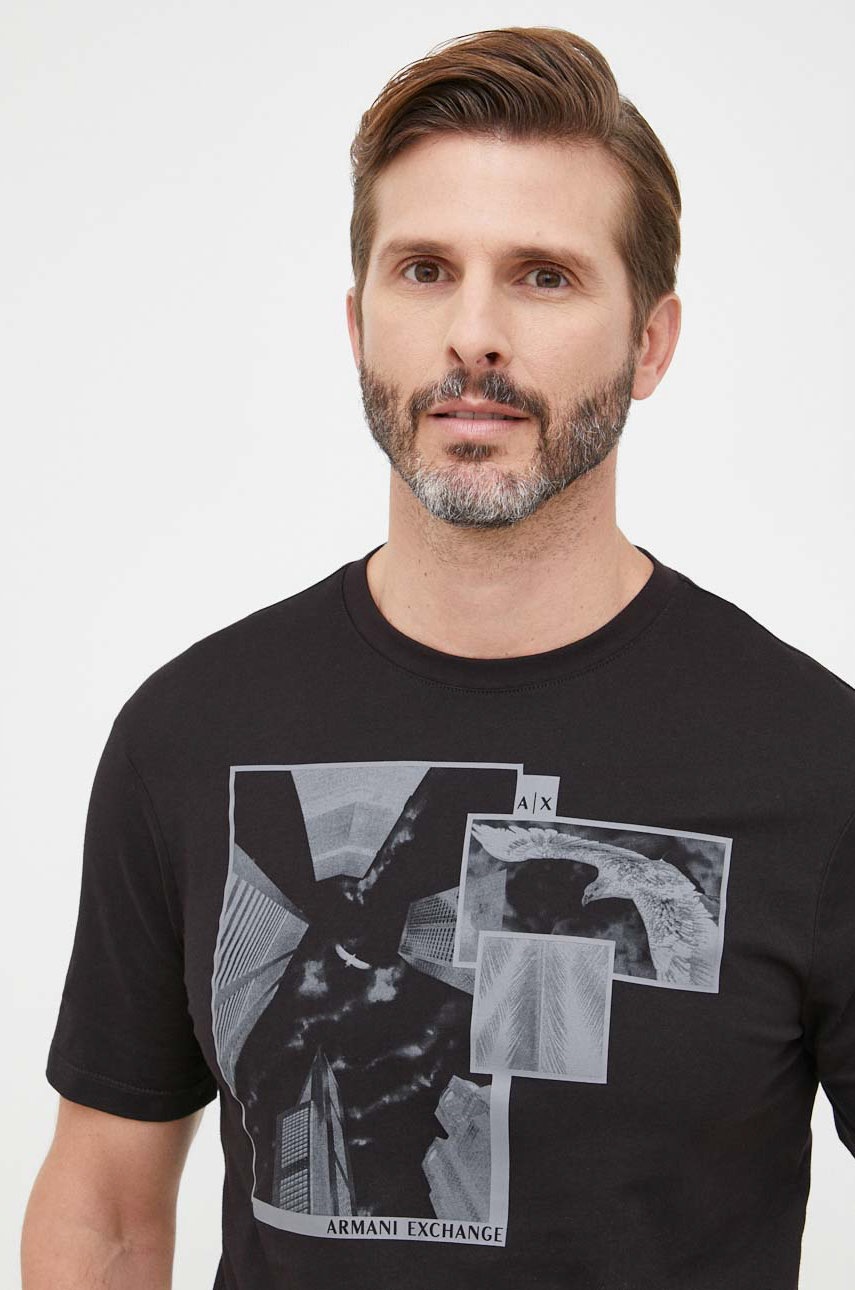 

Памучна тениска Armani Exchange в черно с принт, Черен