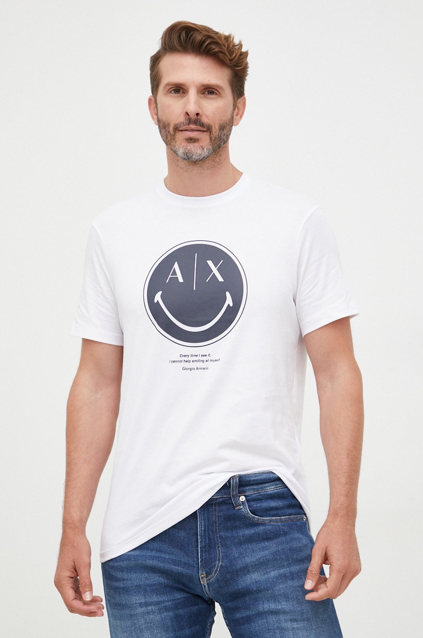 

Памучна тениска Armani Exchange в бяло с принт, Бял