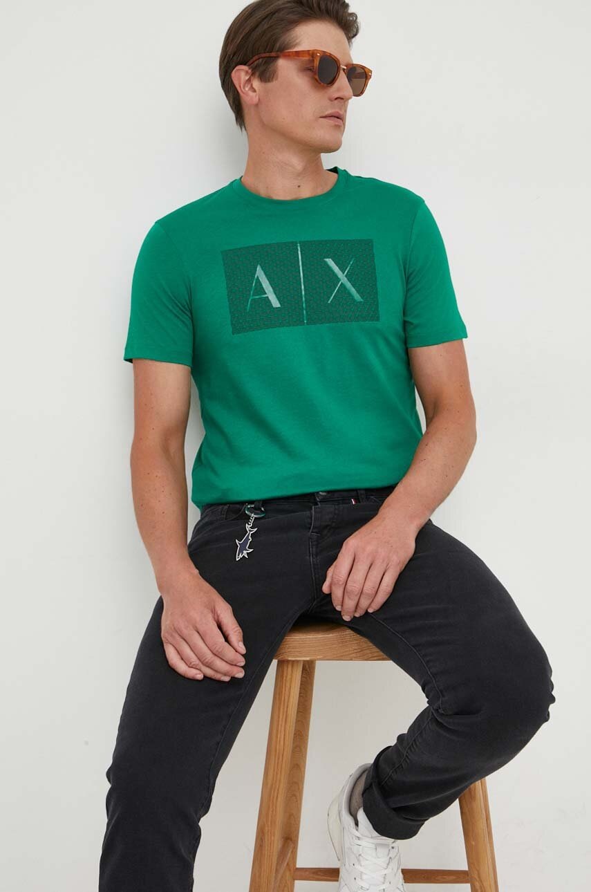

Бавовняна футболка Armani Exchange колір зелений з принтом
