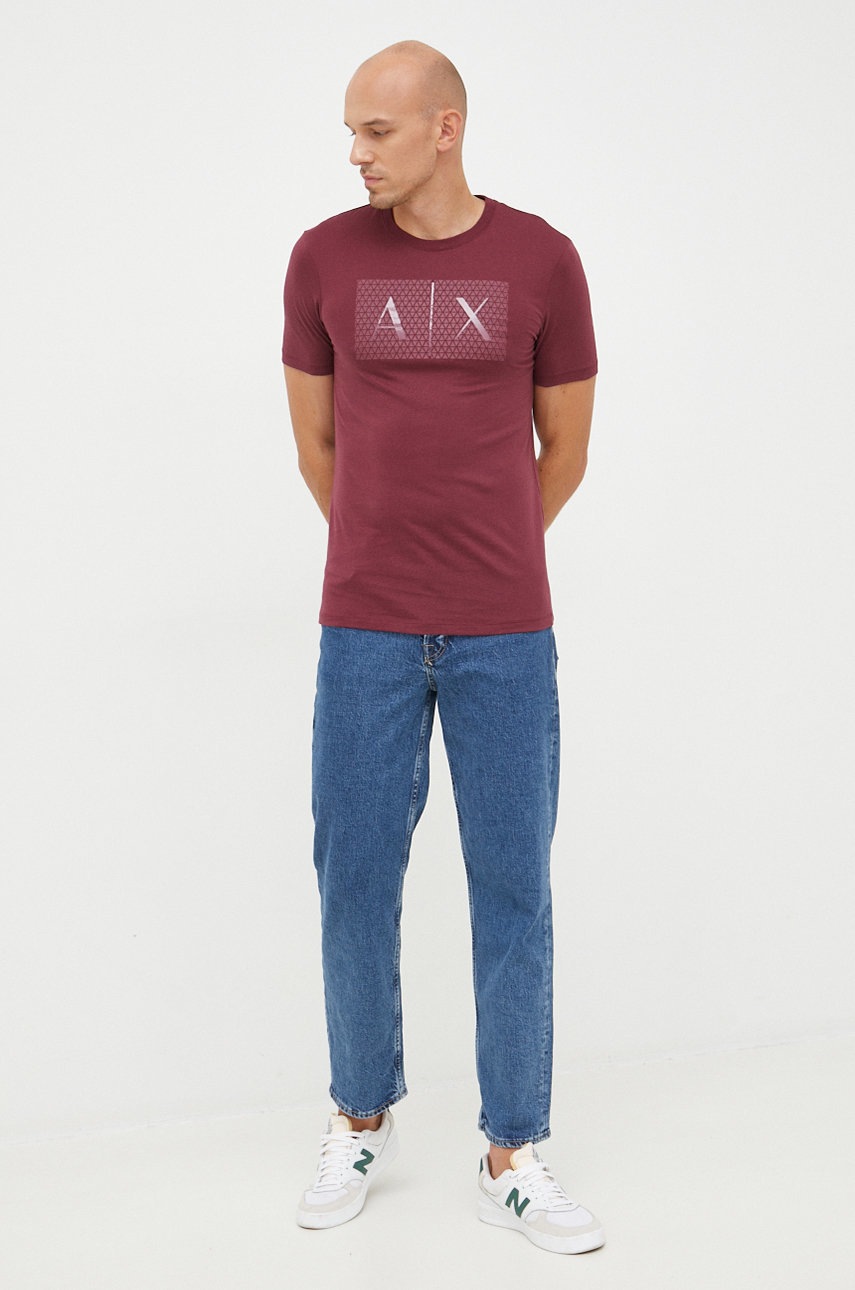 

Бавовняна футболка Armani Exchange колір бордовий з принтом