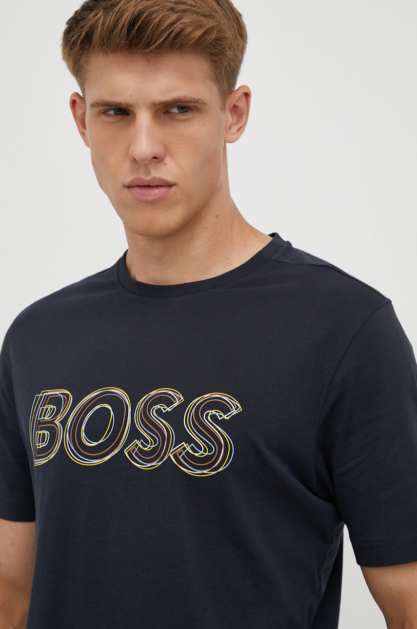 

Памучна тениска BOSS Boss Athleisure в тъмносиньо с изчистен дизайн, Тъмносин