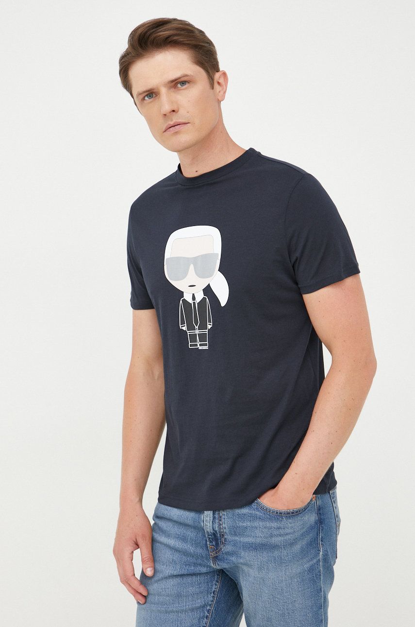 Bavlněné tričko Karl Lagerfeld tmavomodrá barva, s potiskem - námořnická modř -  100% Bavlna