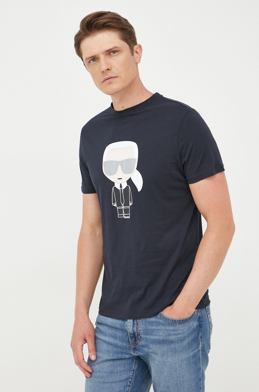 Karl Lagerfeld Tricou Din Bumbac Culoarea Albastru Marin, Cu Imprimeu