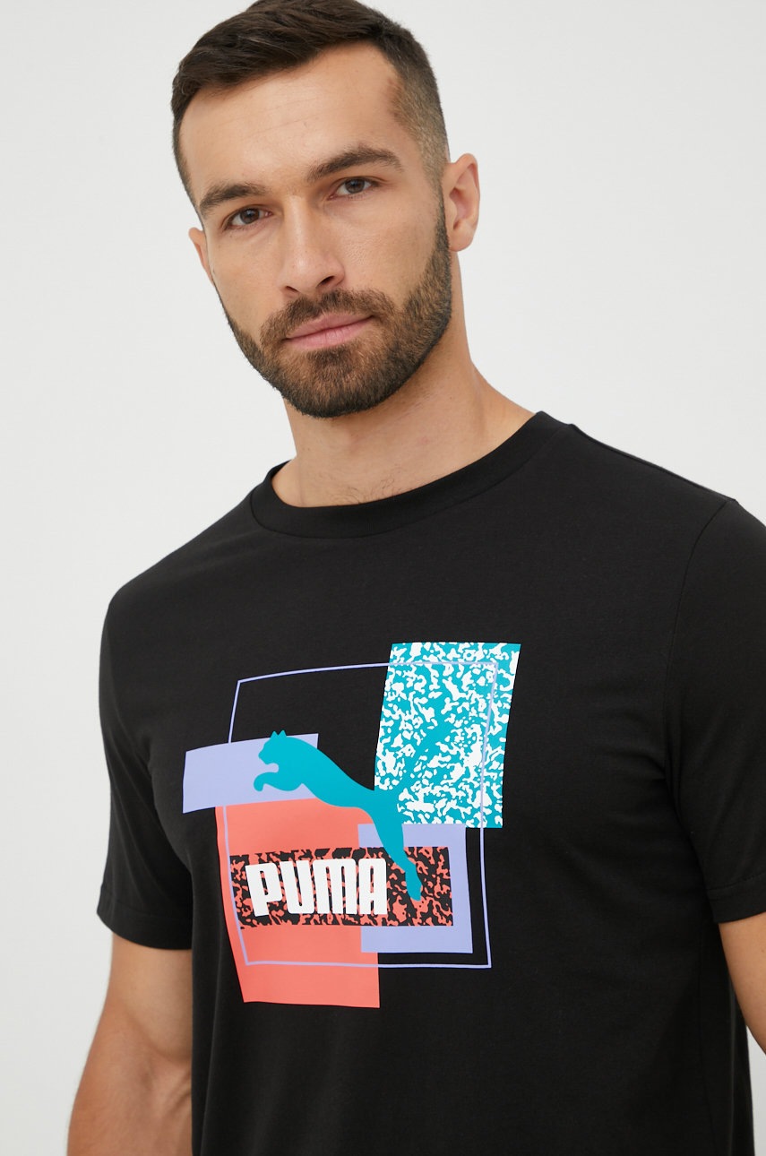 

Памучна тениска Puma в черно с принт, Черен