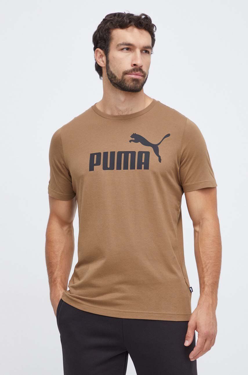 Bavlněné tričko Puma hnědá barva, s potiskem - hnědá