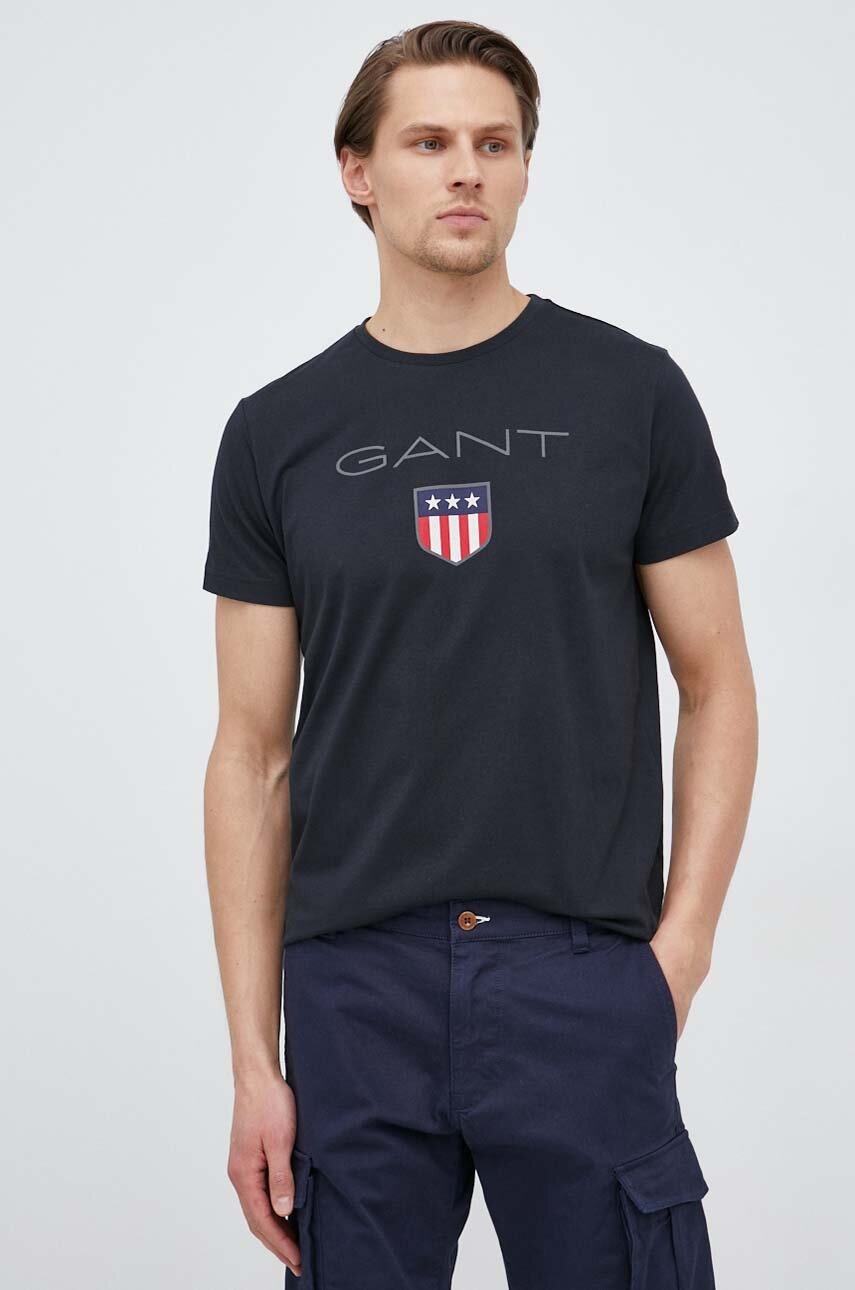 

Памучна тениска Gant в черно с принт, Черен