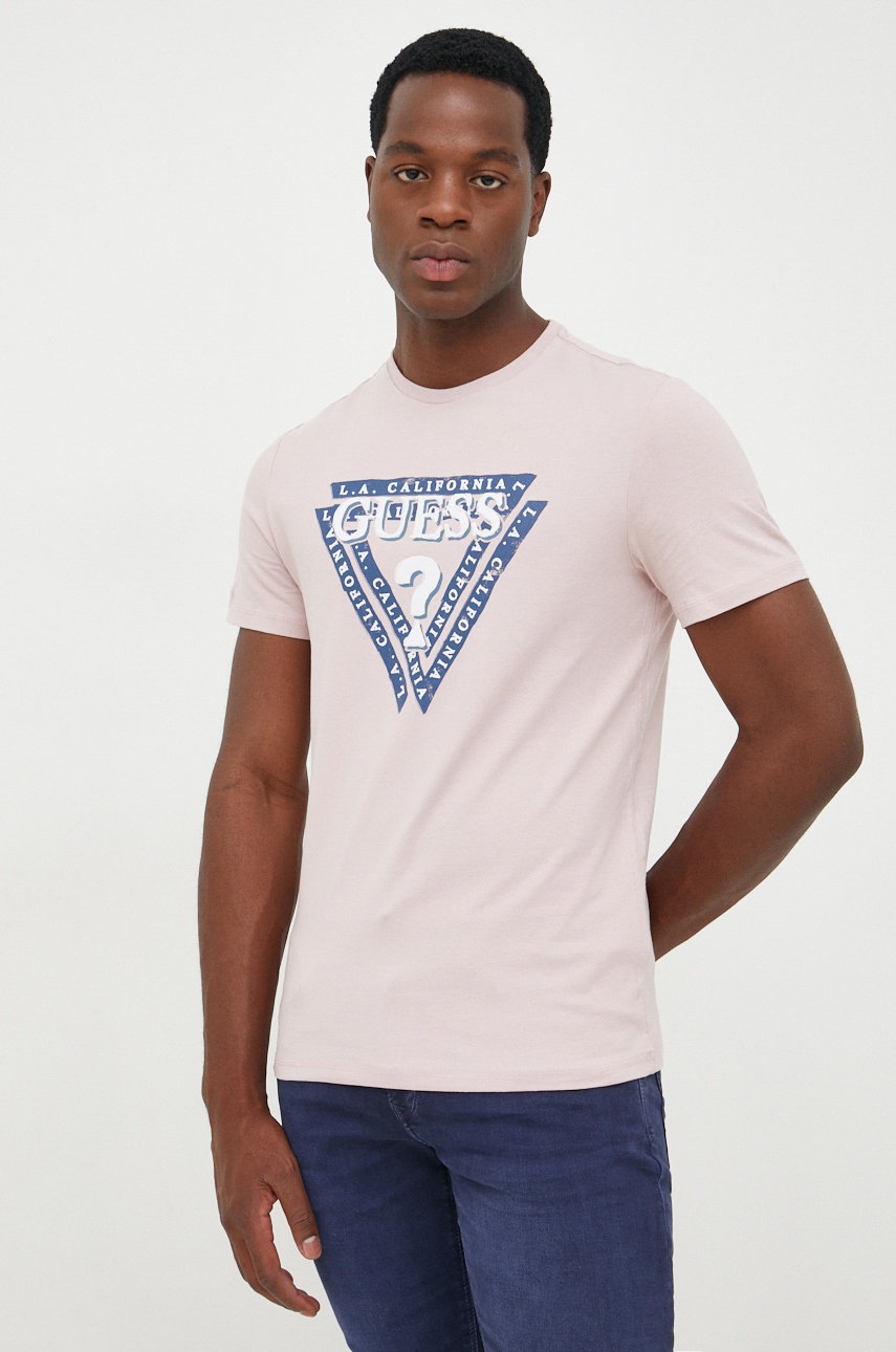 

Тениска Guess в розово с принт, Розов