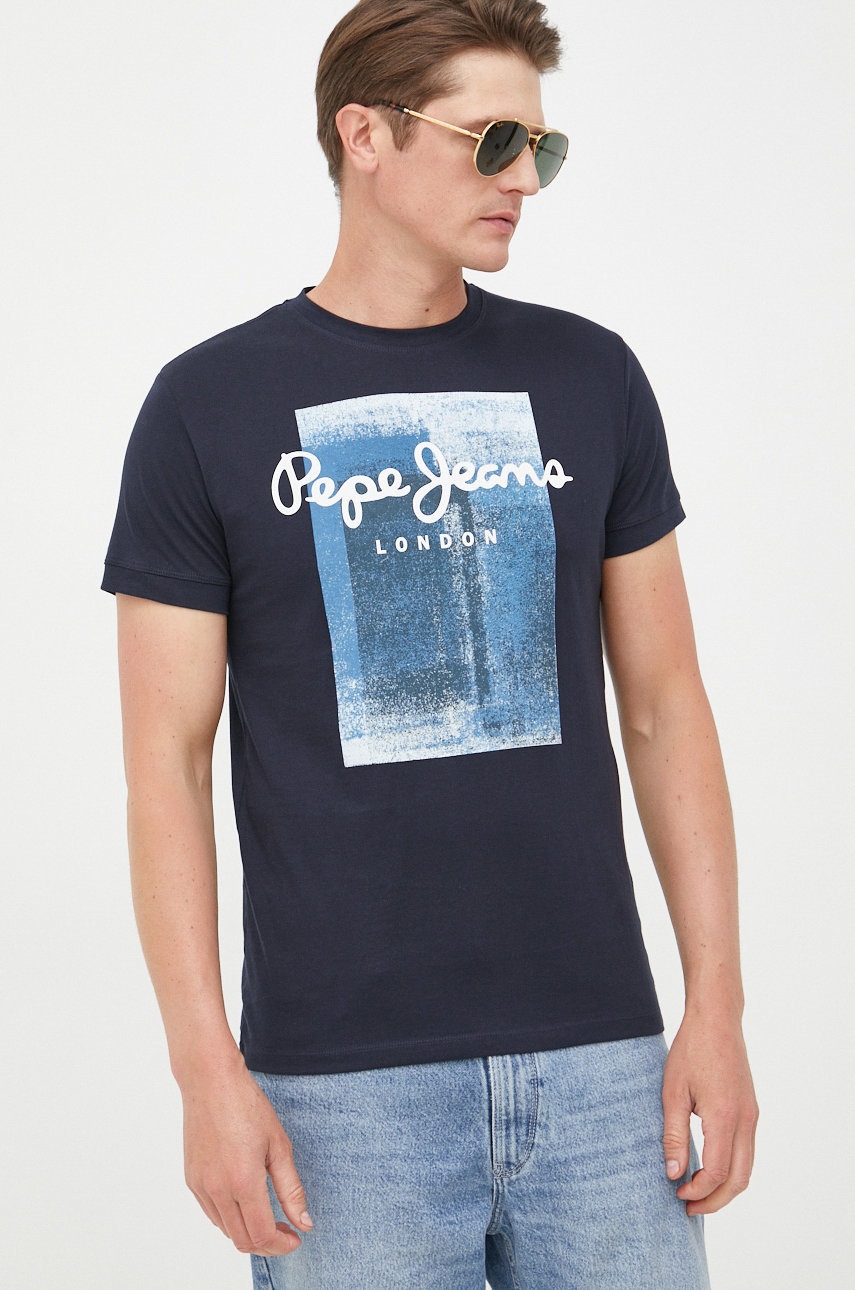 

Памучна тениска Pepe Jeans в тъмносиньо с принт, Тъмносин