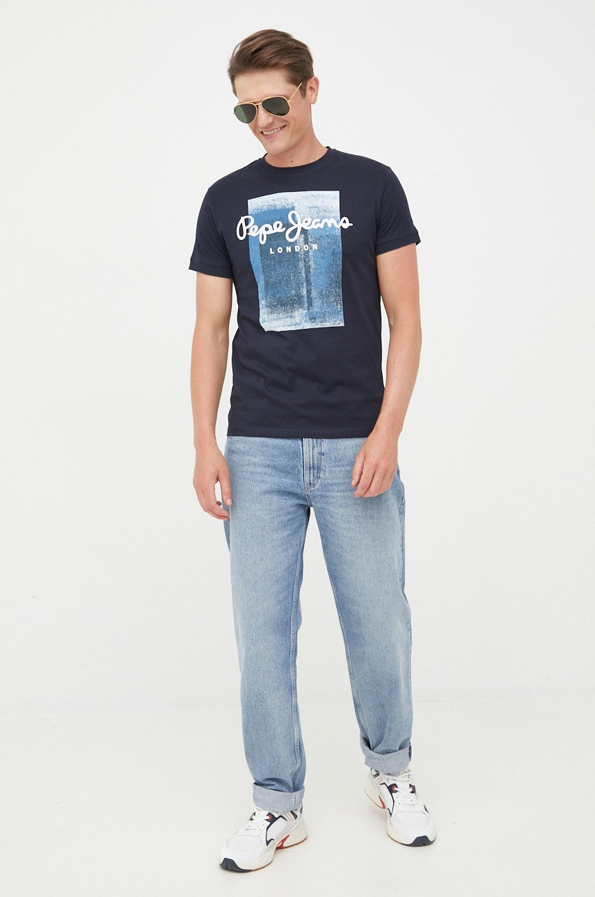 

Хлопковая футболка Pepe Jeans цвет синий с принтом