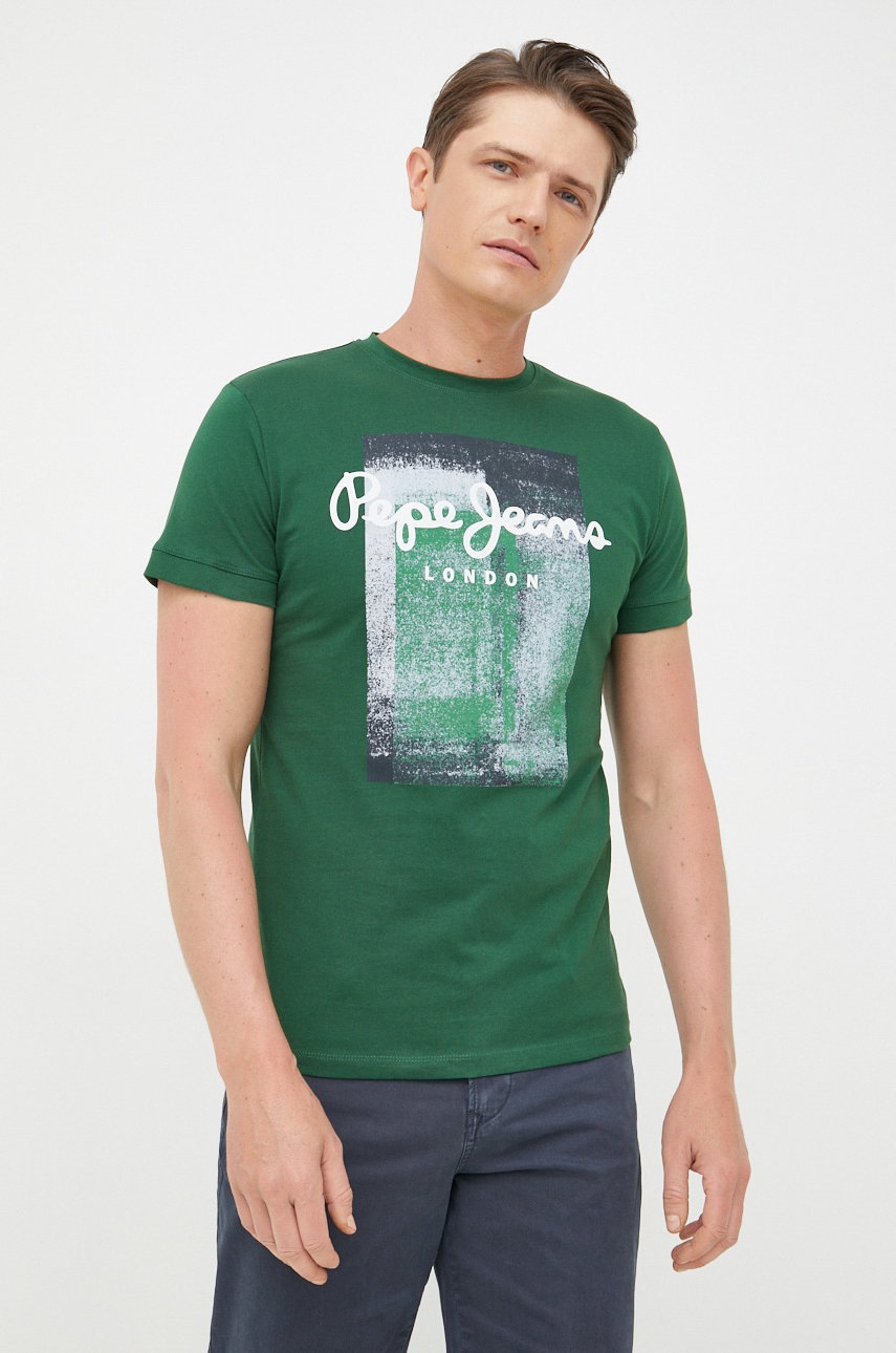 Pepe Jeans tricou din bumbac culoarea verde, cu imprimeu