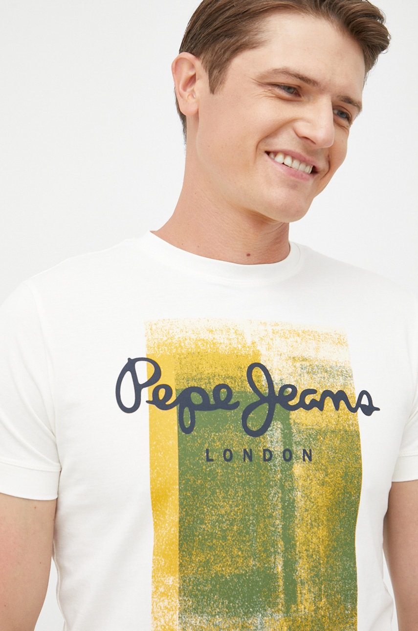 

Памучна тениска Pepe Jeans в бяло с принт, Бял
