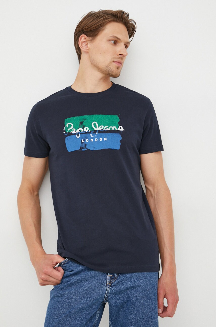 

Памучна тениска Pepe Jeans в тъмносиньо с принт, Тъмносин