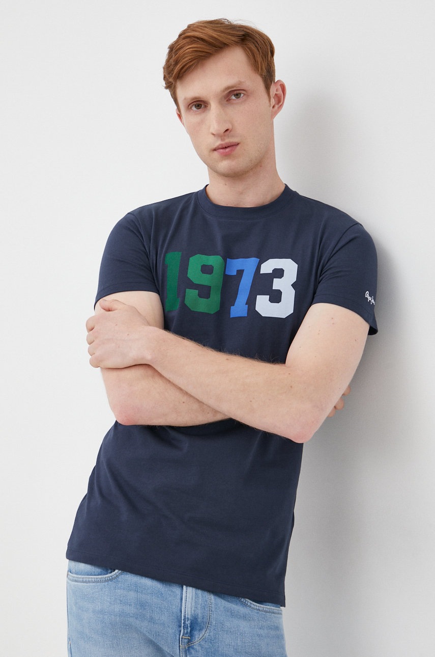 

Памучна тениска Pepe Jeans в тъмносиньо с принт, Тъмносин