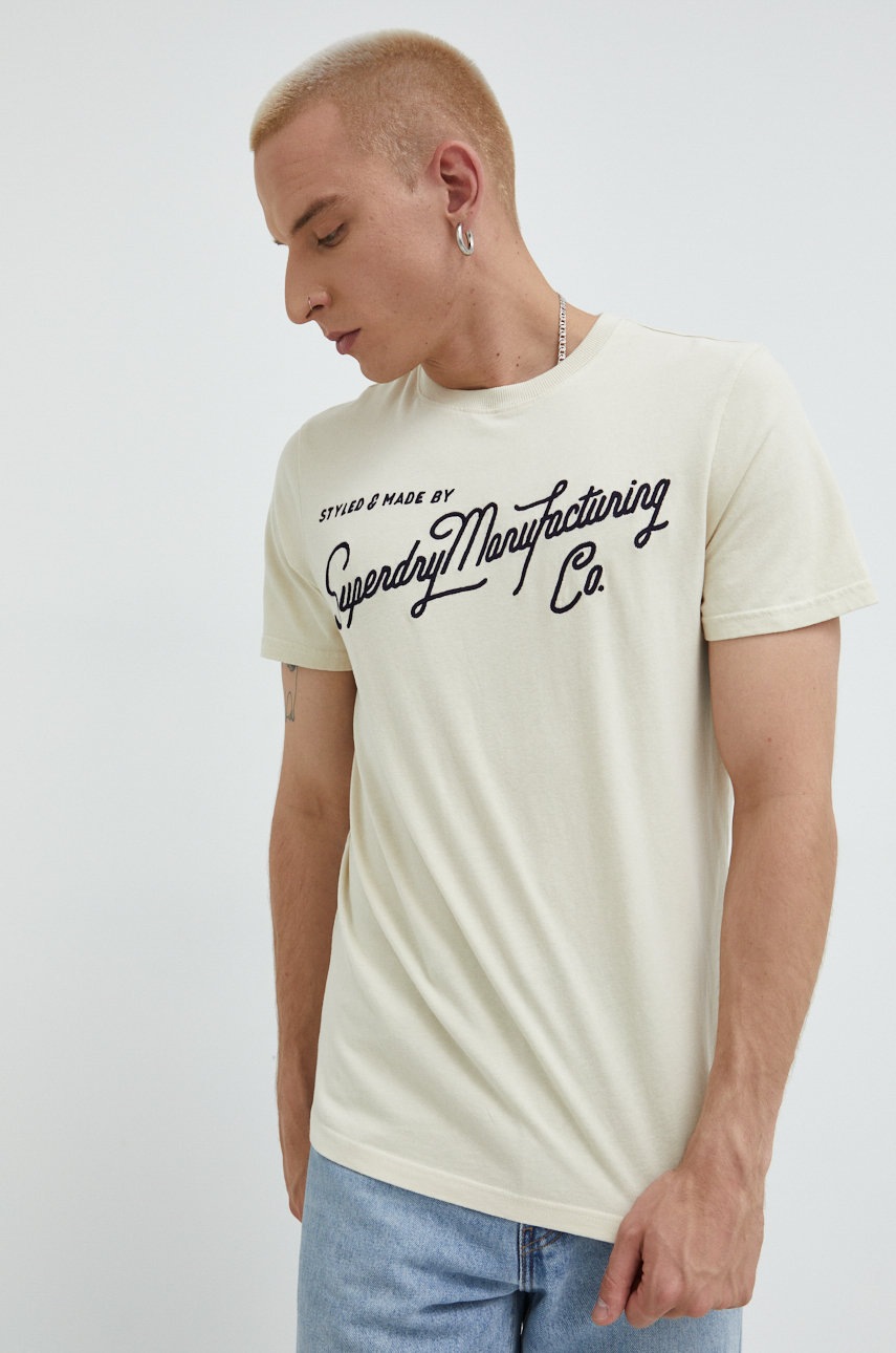 

Памучна тениска Superdry в бежово с апликация, Бежов
