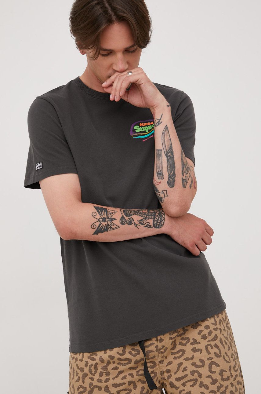 Superdry tricou din bumbac culoarea gri, cu imprimeu