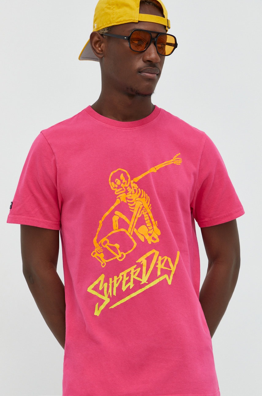 

Памучна тениска Superdry в розово с принт, Розов