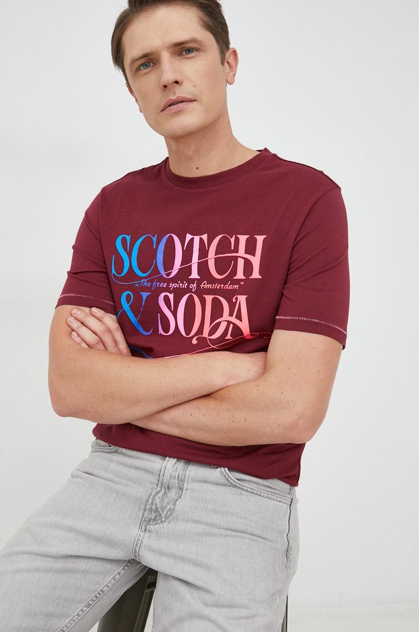 Scotch & Soda tricou din bumbac culoarea bordo, cu imprimeu
