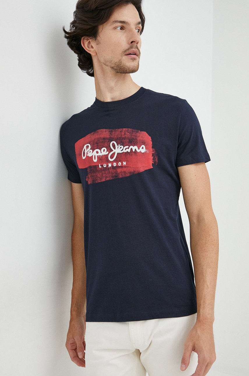 

Памучна тениска Pepe Jeans в тъмносиньо с принт, Тъмносин