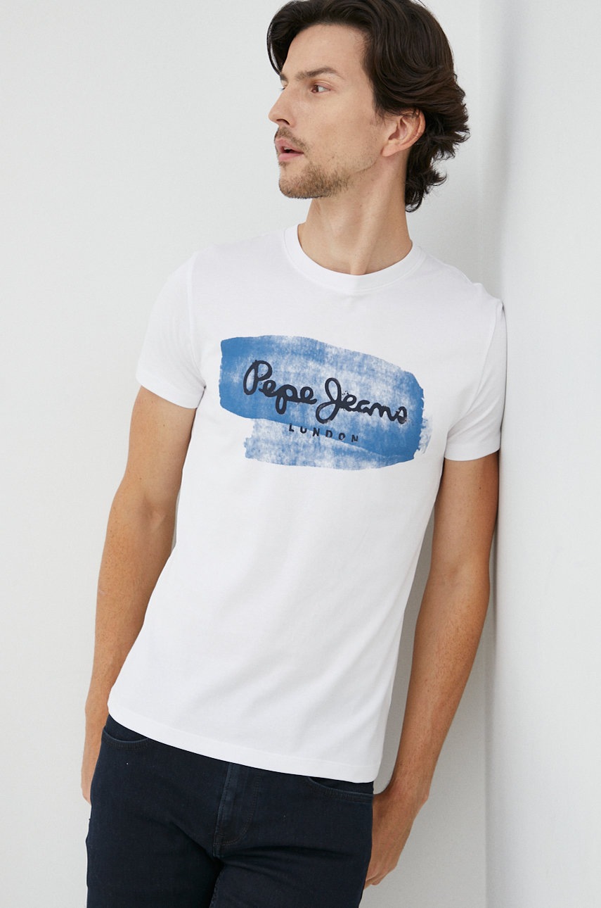 

Памучна тениска Pepe Jeans в бяло с принт, Бял