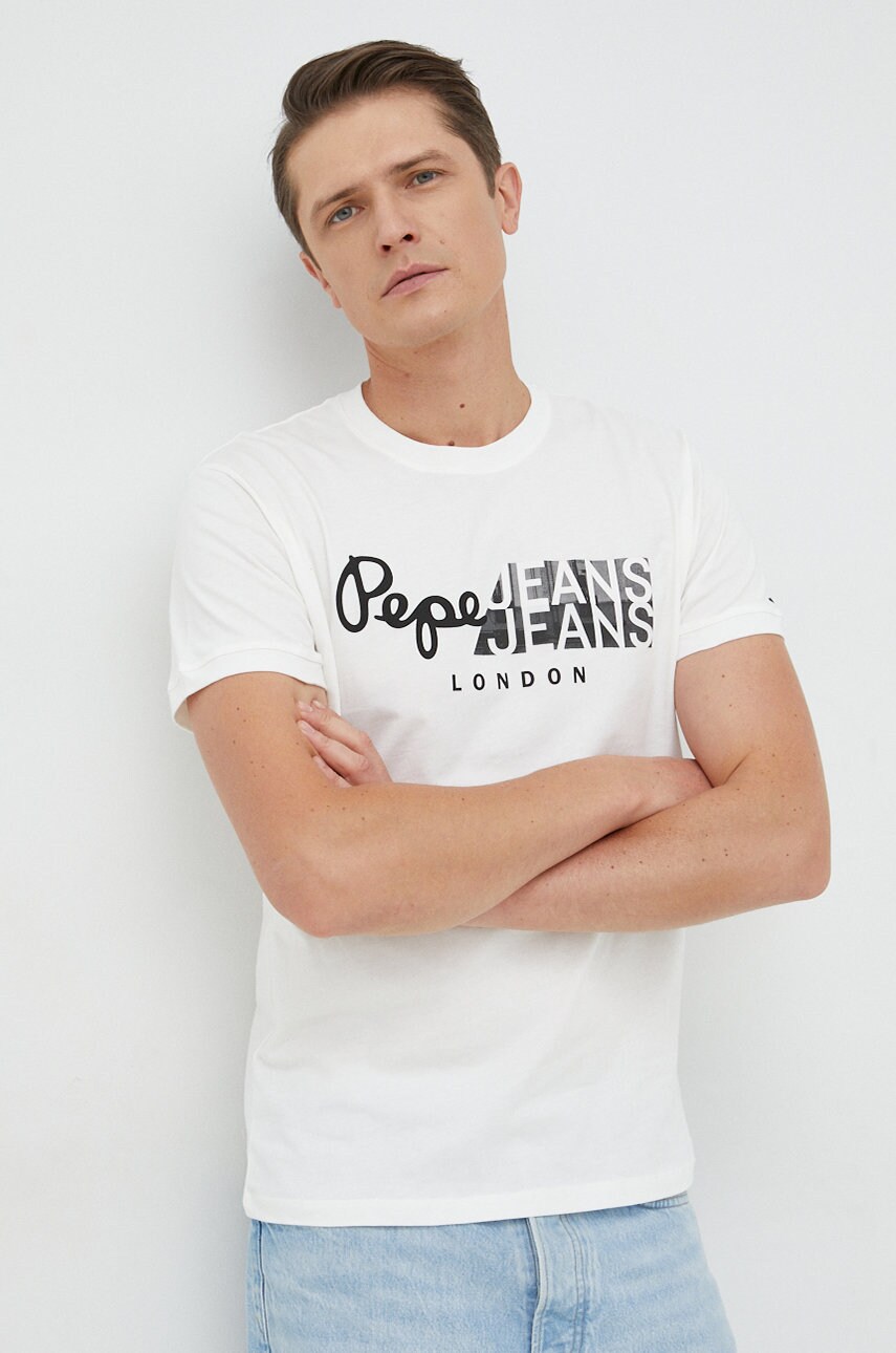 Pepe jeans tricou din bumbac topher culoarea alb, cu imprimeu