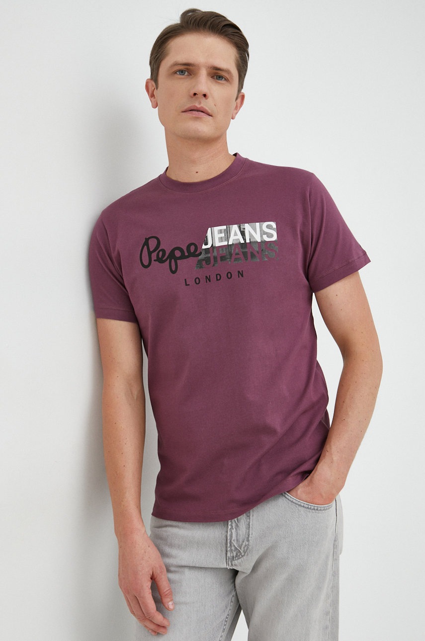 Pepe jeans tricou din bumbac topher culoarea violet, cu imprimeu