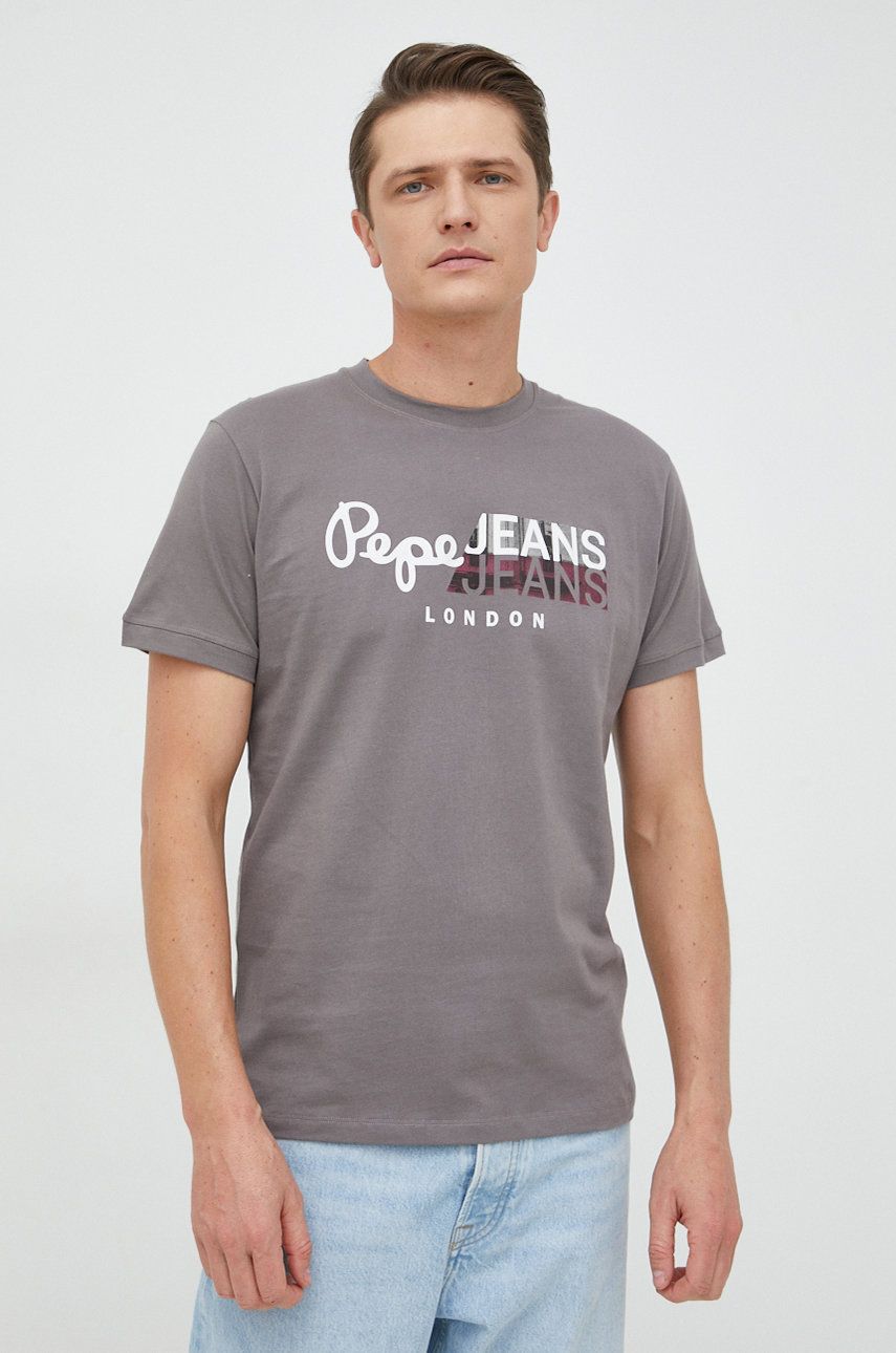 Bavlněné tričko Pepe Jeans Topher šedá barva, s potiskem - šedá -  100% Bavlna