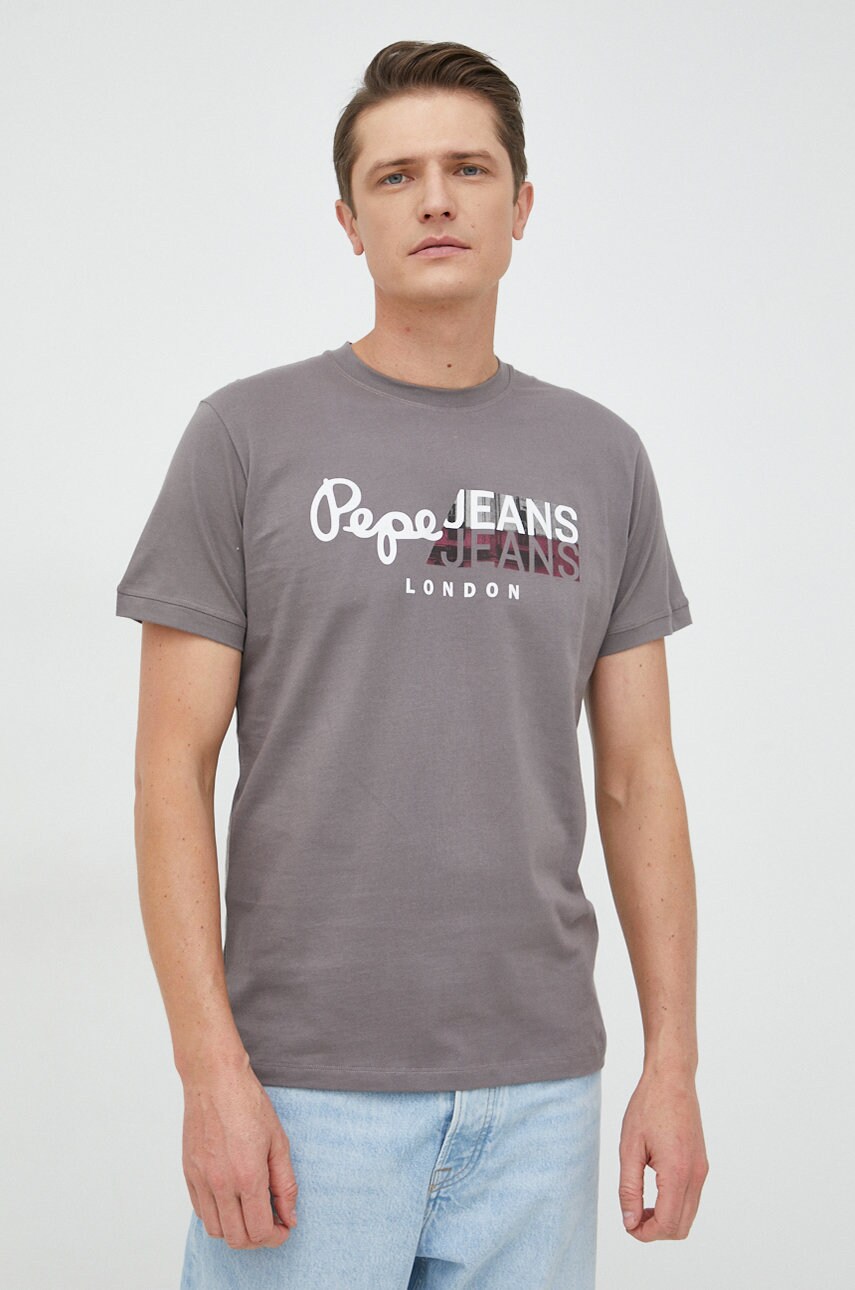 Pepe jeans tricou din bumbac topher culoarea gri, cu imprimeu