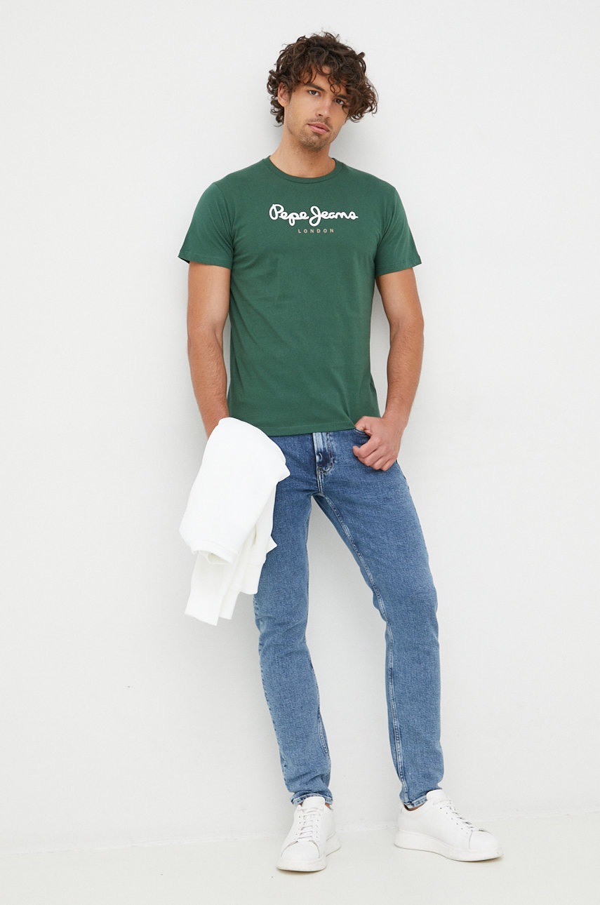 

Хлопковая футболка Pepe Jeans цвет зелёный с принтом