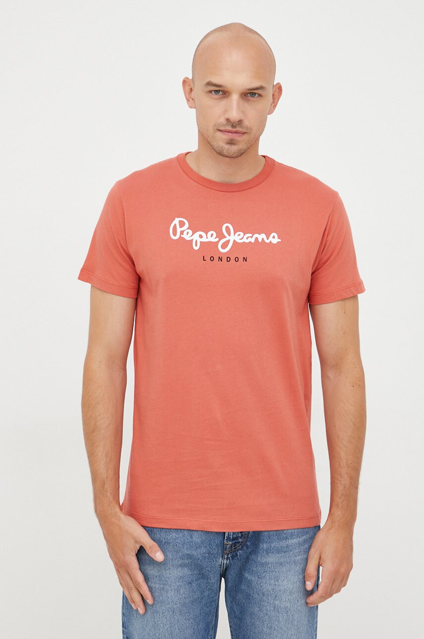 Pepe jeans tricou din bumbac culoarea portocaliu, cu imprimeu