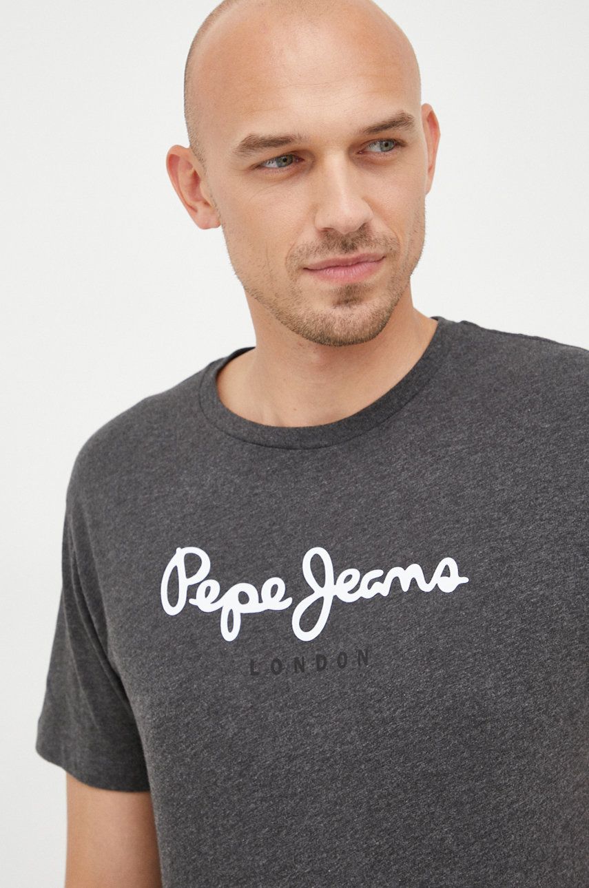 Pepe Jeans Tricou Din Bumbac Culoarea Gri, Cu Imprimeu