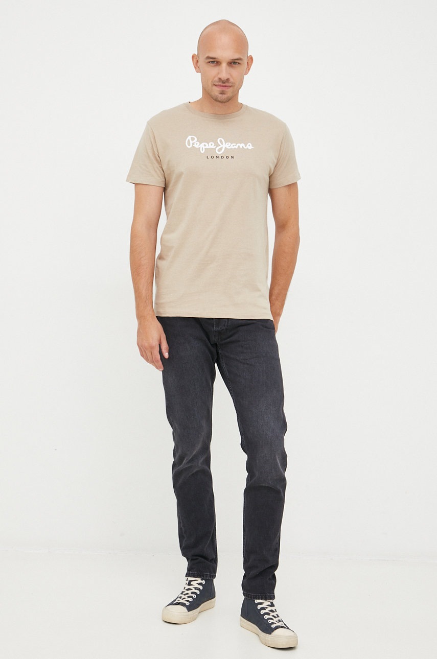 

Хлопковая футболка Pepe Jeans цвет бежевый с принтом