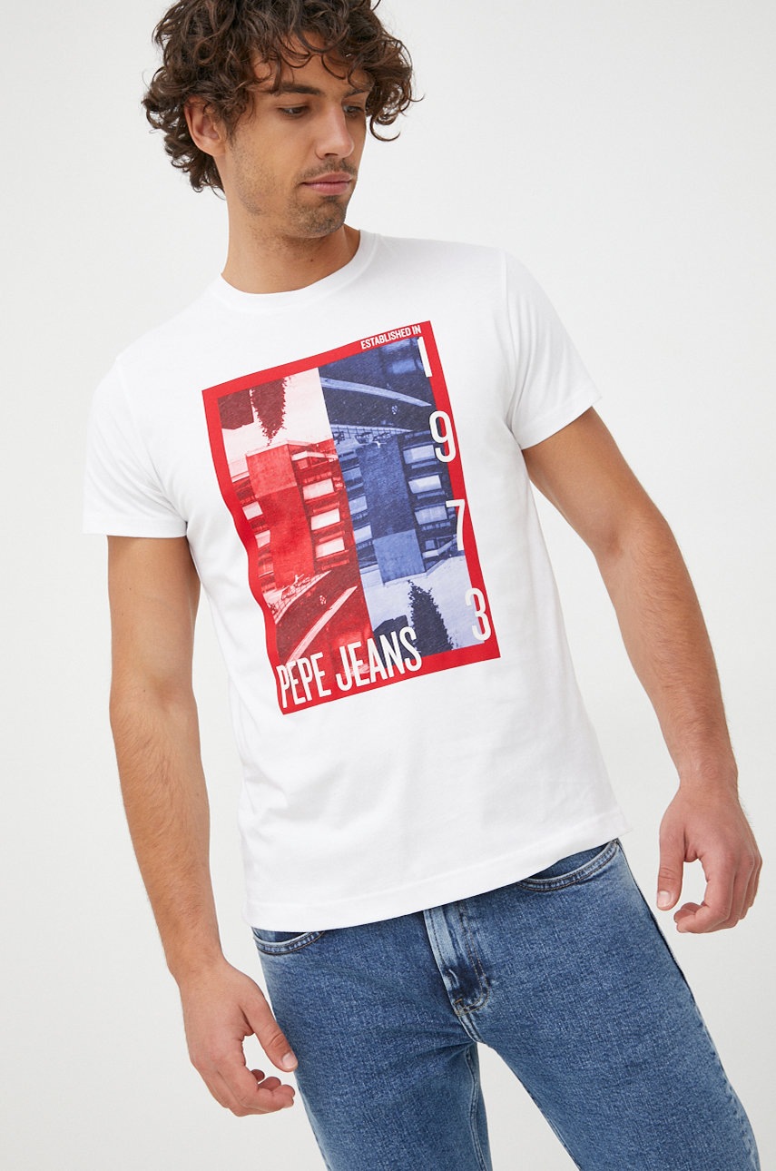 

Памучна тениска Pepe Jeans в бяло с принт, Бял