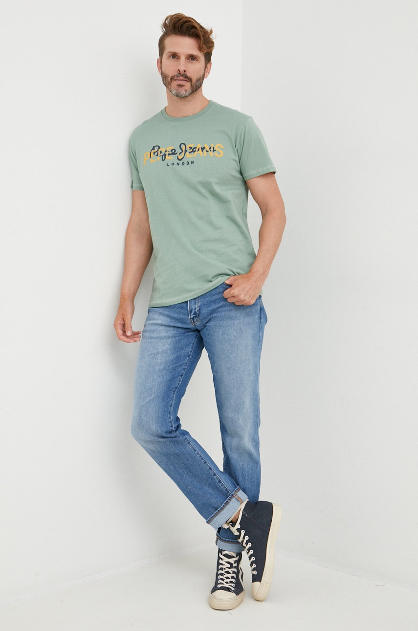 

Бавовняна футболка Pepe Jeans колір зелений з принтом
