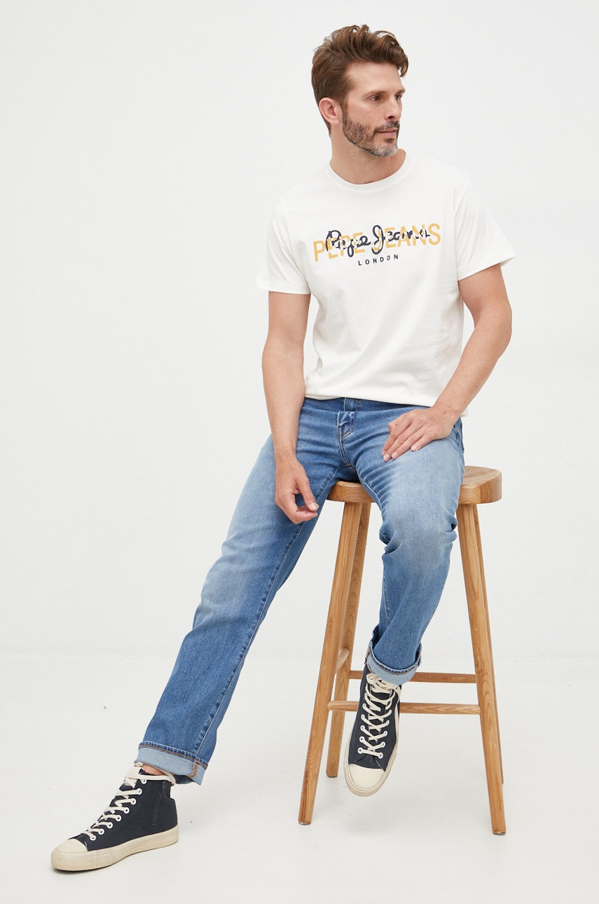 

Памучна тениска Pepe Jeans в бежово с принт, Бежов