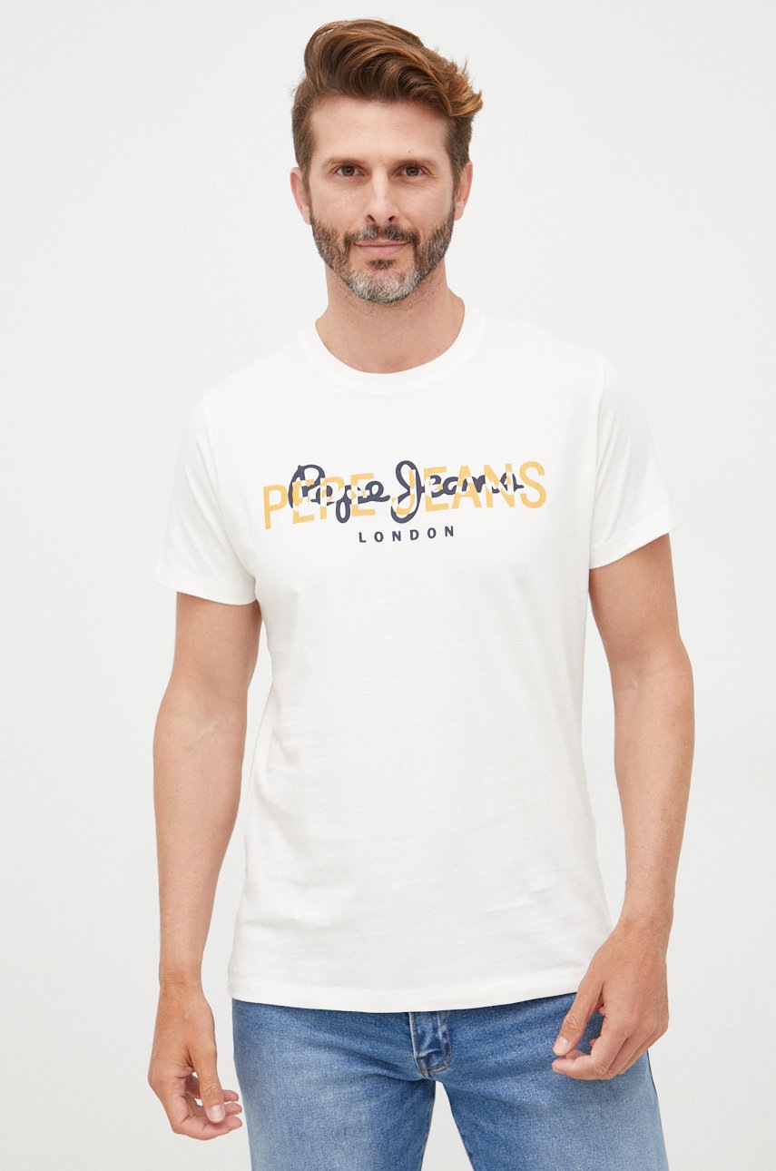 

Хлопковая футболка Pepe Jeans цвет бежевый с принтом