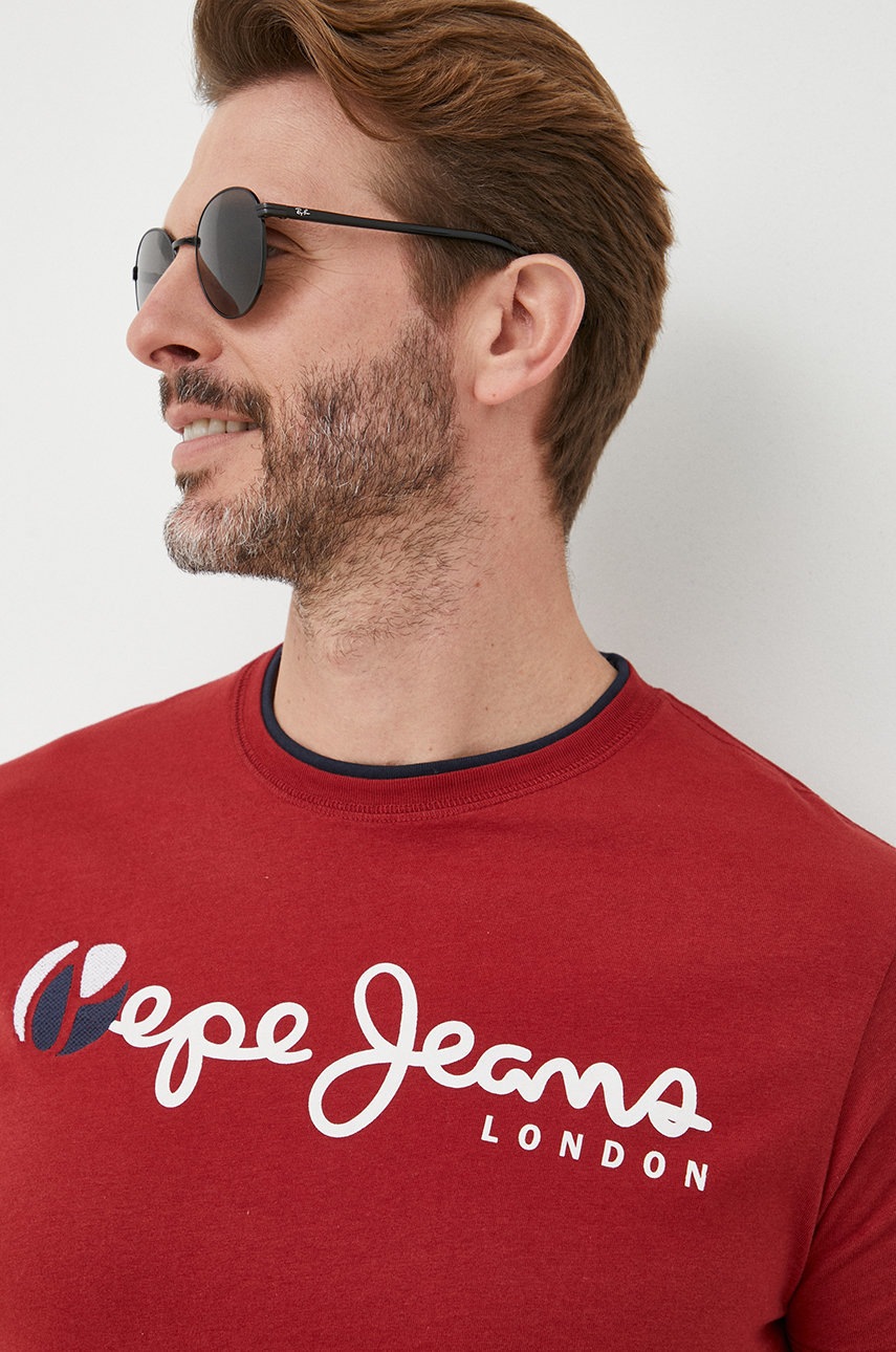 

Памучна тениска Pepe Jeans в бордо с принт