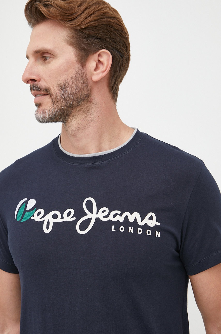 

Памучна тениска Pepe Jeans в тъмносиньо с принт, Тъмносин