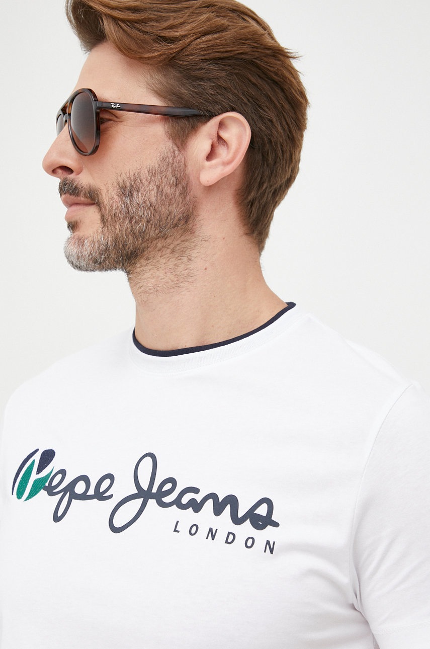 

Памучна тениска Pepe Jeans в бяло с принт, Бял