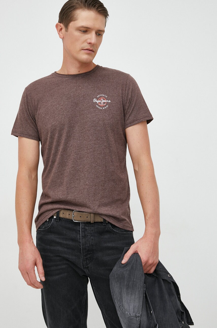 Pepe jeans tricou barbati, culoarea maro, melanj